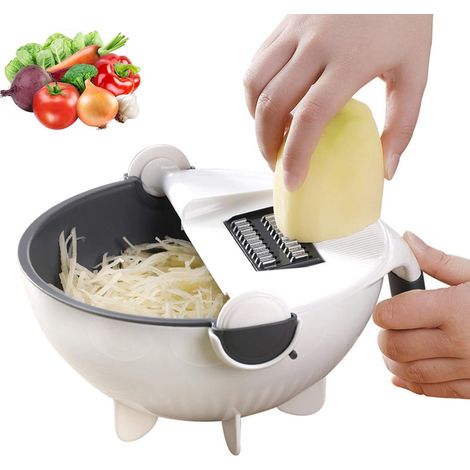 1 Coupe-légumes multifonctions, 6 lames acier inoxydable, râpe et trancheuse, panier égouttage 2L, pour fruits et légumes (1/5)