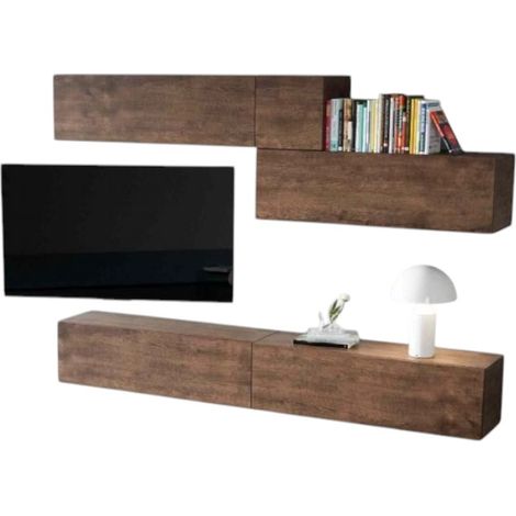 Meuble TV mural bois noyer kuza L 268cm - 5 pièces (1/4)