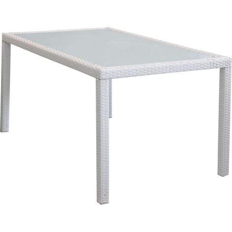 Tavolo rettangolare 150x90 cm da esterno giardino con struttura in acciaio rivestito in wicker e piano in vetro opaco 5 mm Portorico -  White