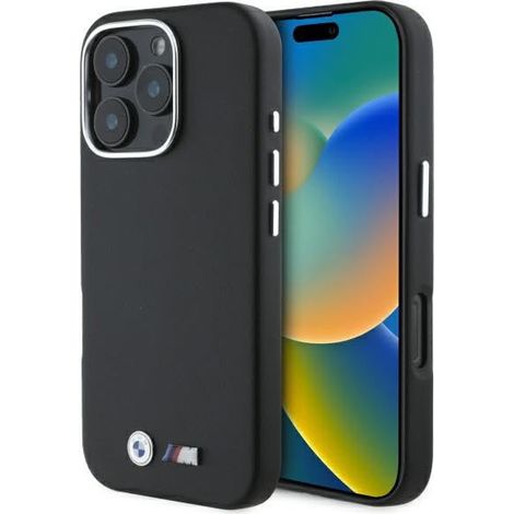 Coque rigide noire BMW BMHMP16L23PMWK pour iPhone 16 Pro 6,3" avec protection MagSafe, finition M lisse et intégrale en métal.