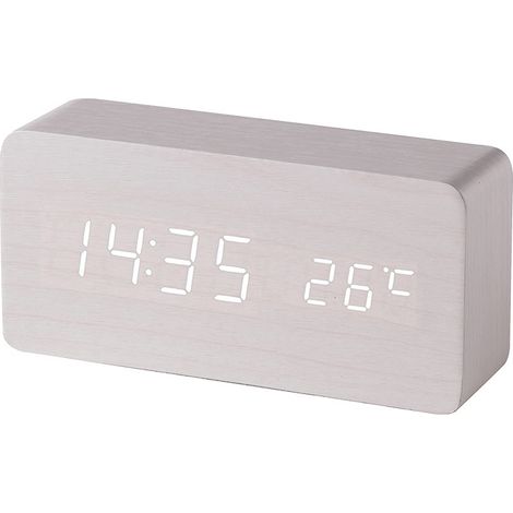 (Blanco) Reloj despertador digital de madera con control de sonido LED, alimentación por batería USB dual, reloj de madera silencioso con LED, decoraciones para el hogar