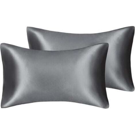 Taie d'oreiller en satin soyeux pour cheveux et visage - Lot de 2 - Anti-rides - Fermeture éclair dissimulée - 50 x 75 cm (Gris) (1/4)