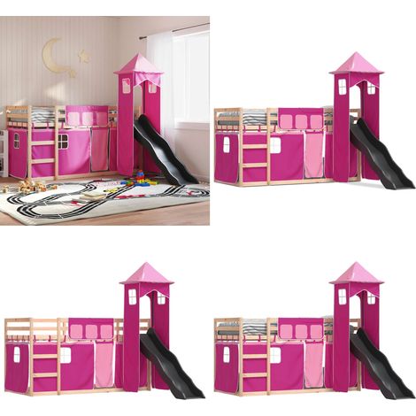 Etagenbett mit Rutsche und Gardinen Rosa 80x200 cm - Kinderhochbett - Holzbett - Etagenbett - Jugendzimmermöbel - Hochbettesystem - Home & Living