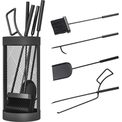 Juego de herramientas para chimenea, juego de 5 piezas, escoba, pala, tenazas, atizador y cubo, metal, negro (1/5)