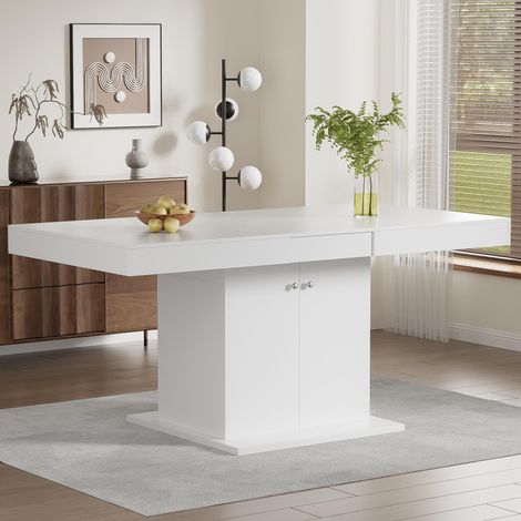 Table à manger rectangulaire 140-180 cm, extensible, avec portes, espace de rangement, Poignées en métal, bureau en bois - Blanc (1/5)