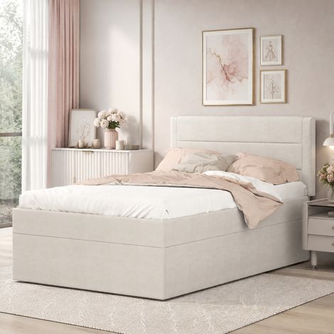 MEUBLIV Letto 90x200 cm beige – struttura imbottita con contenitore e rete, senza materasso (1/5)