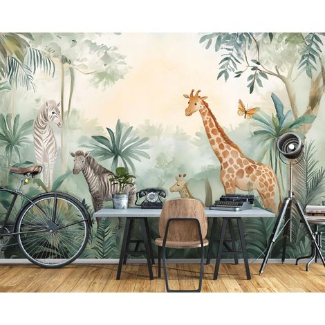 Vlies Fototapete Kinderzimmer 150x105 cm Dschungel Landschaft - Fototapeten Tapeten für Kinder Mädchen & Jungen - Kindertapete - Kinderzimmertapete Tiere Grün Giraffe Wald, WallArena (1/4)