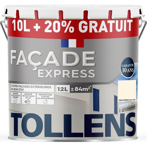 Tollens – Peinture façade acrylique express 10L – Recouvrable en 2h – Imperméabilise et protège – Mat ton pierre – Pour supports lisses