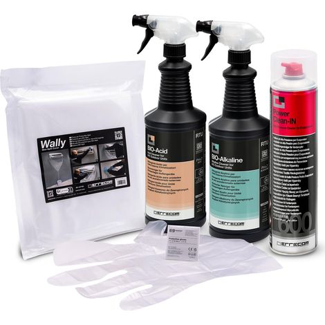 Errecom Kit pulizia completa climatizzatori, include cover protettiva Wally e aerosol 600mL pulizia unità interna, Bio Acid e Bio Alkaline 2L con tensioattivi bio pulizia unità esterna, guanti (1/5)