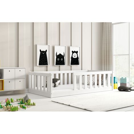 Lit enfant évolutif 86x165 cm – Matelas 80x160 cm – Bois massif pin certifié FSC – Barrière de sécurité incluse – Style Montessori