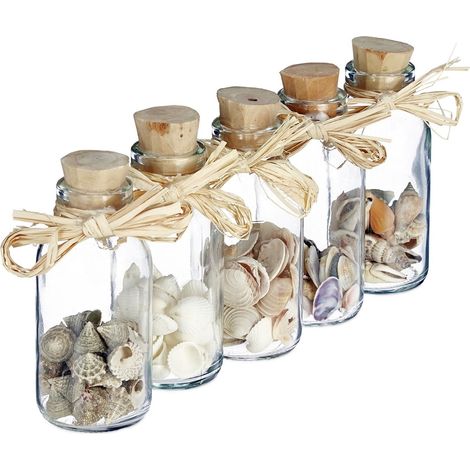 Conchas en botellas de vidrio - Decoración costera