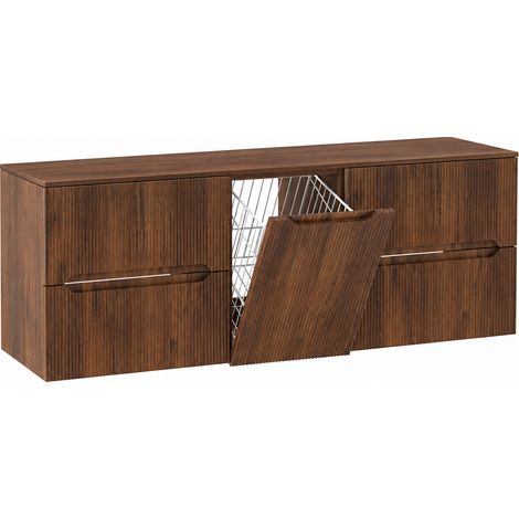 Ensemble de meubles de salle de bains avec panier à linge et plan L.160 cm effet noyer Warmia façade rainurée NOVO Furnidea (1/5)