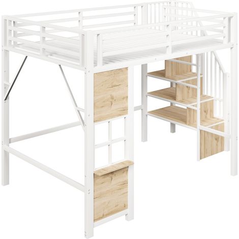 Cama alta infantil 140 x 200 cm de metal y MDF blanca con escalera de almacenaje (1/5)