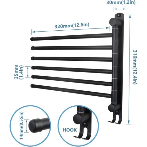 Porte Serviette Salle de Bain avec 6 Barres 180°rotatives sèche-Serviettes en Acier Inoxydable SUS304 34 cm Murale, Fixation stable sur carrelage, béton ou cloison (1/5)