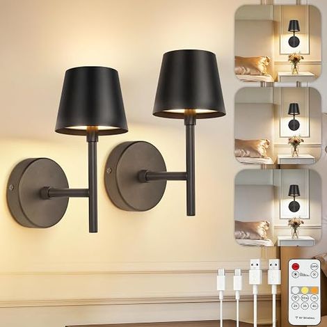 Appliques Murale LED Intérieure Noir - Lampe Murale sans Fil 3 Températures de Couleur - Luminaire Mural à Batterie avec Télécommande pour Chambre à Coucher Salon Salle à Manger (1/5)