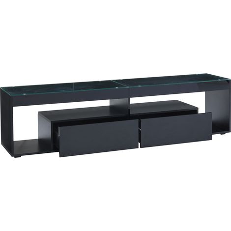 Mueble TV LED negro brillo, 2 cajones y cristal templado, 180 x 40 x 46 cm, hasta 70" MODENUIT (1/5)
