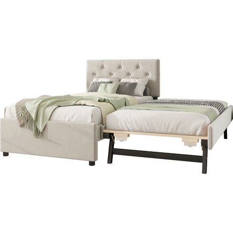 Lit 90x200, sommier inclus, sans matelas, coffre à roulettes, velours beige, style minimaliste, structure en tissu, tête de lit intégrée, meuble chambre moderne. (1/5)