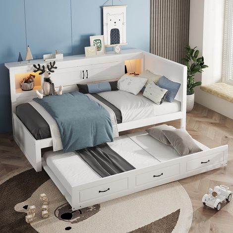 Lit banquette 90x200cm  en bois blanc avec led, tiroir, lit gigogne et ports usb, sans matelas (1/5)