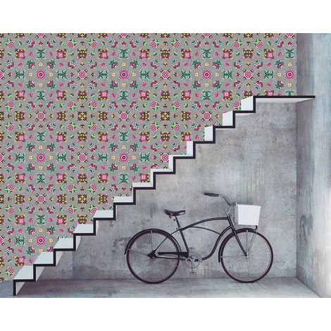 Papier peint panoramique oriental motif multicolore | Tapisserie panoramique grise graphique pour salon | Papier peint panoramique moderne chambre - 270 x 400 cm (4 pièces) (1/5)