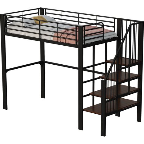 Cama Alta Individual con Escalera y Almacenaje 90 x 200 cm, sin Colchón, Metal y Madera, Negra (1/5)