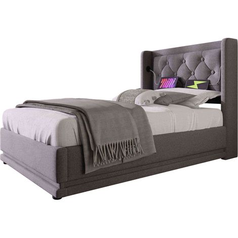 Letto Contenitore Letto Singolo con USB, Tipo C e LED, 90 x 200 cm, senza Materasso, Cotone Grigio (1/4)