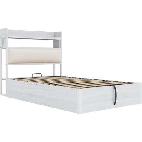 Cama canapé 90x200 cm con USB y cabecero tapizado, madera y metal, blanca HOMVRA (1/5)