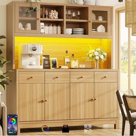 Credenza alta 140x38.5x180 cm, LED RGB smart con app, 4 cassetti, vani aperti, MDF colore legno (1/5)