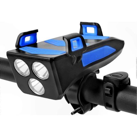 Luz para bicicleta recargable por USB con soporte para teléfono, faro delantero impermeable de 5 modos, altavoz incorporado y batería de 4000 mAh. (1/4)