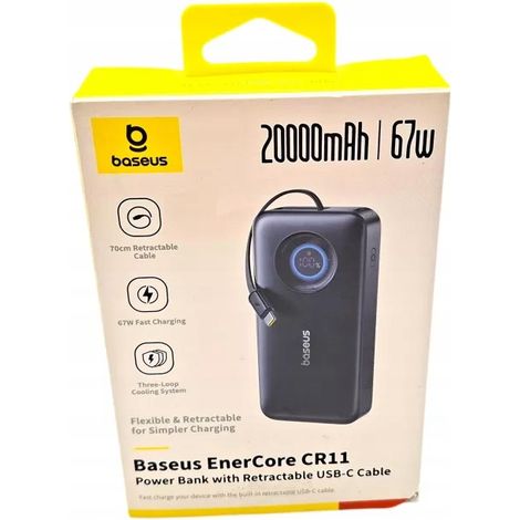 Baseus EnerCore CR11 20000mAh 67W Powerbank mit einziehbarem USB-C-Kabel – Schwarz (1/5)