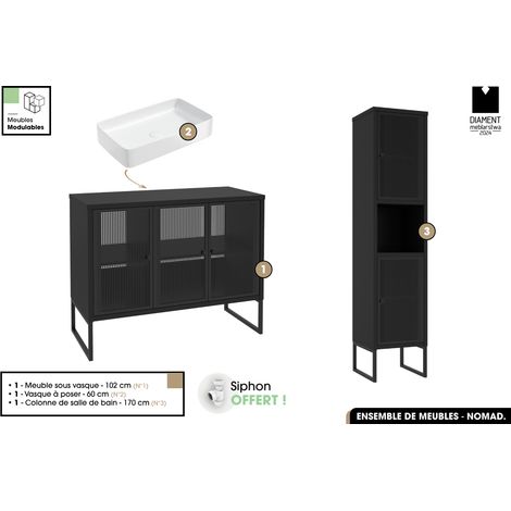 Ensemble complet de salle de bain - Meuble - Colonne - Vasque avec Siphon OFFERT NOMAD NOIR 102 x 80 x 43 cm (1/5)