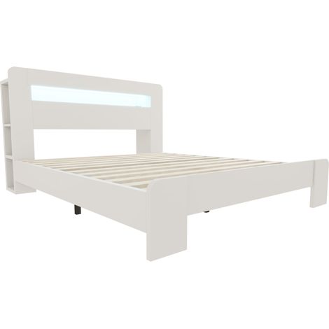Lit plateforme en bois blanc 140 x 200 cm avec tête de lit de rangement, LED et prises - MODENUIT (1/5)