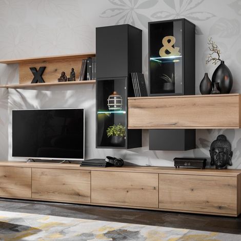 Ensemble Meuble TV Design "Cruz" 280cm Noir & Naturel