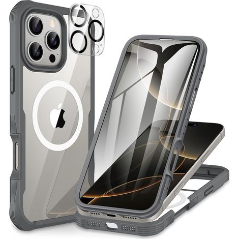 Magnétique Coque iPhone 16 Pro Max, Compatible avec MagSafe intégré Verre Trempé Protection écran et Protecteur Caméra, 360° Antichoc Téléphone Housse Double Face Case Intégrale Etui -Gris (1/5)