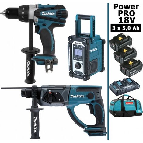 Pack Power PRO Makita 18V: Perceuse 91Nm DDF458 + Perfo 2J DHR202 + Radio de chantier DMR108 + 3 batt 5Ah + sac (1/5)