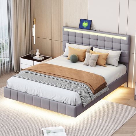 lit adulte double couchage LED 140x200 lin gris moderne OKMYHOME (1/5)