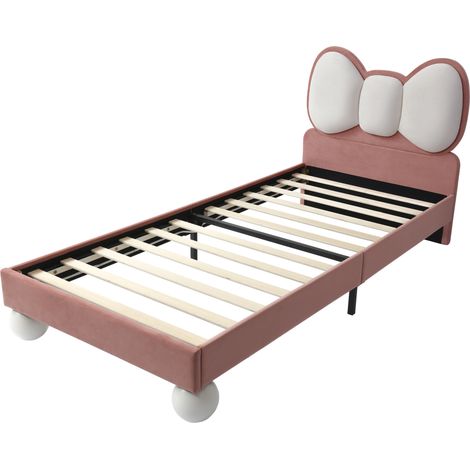 Cama tapizada infantil 90x200 cm en terciopelo rosa con cabecero de lazo y tira LED, HOMVRA (1/5)