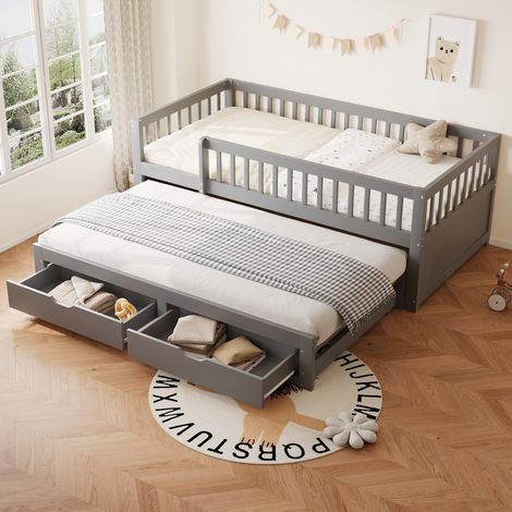Lit gigogne 90x200 cm avec 2 tiroirs et barrière de sécurité, en bois, gris, sans matelas (1/5)