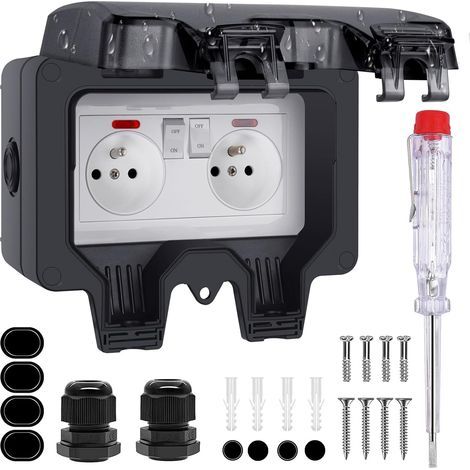 IP66 Double Outdoor Socket with Indicator Light and Cover for Garden, Terrace, Garage (1/5)