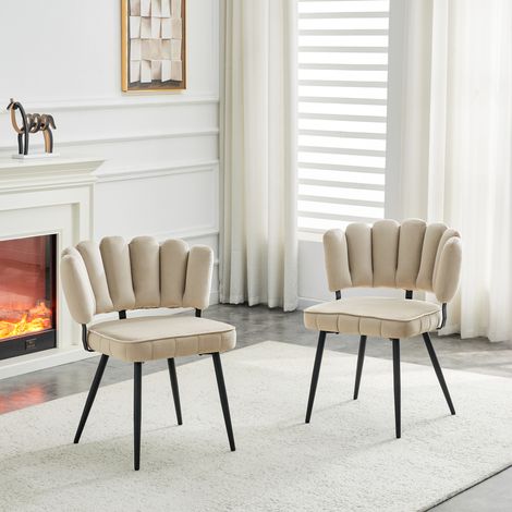 Chaises salle à manger velours beige clair dossiers fleuris pieds métal noir hauteur 80 cm lot de 2