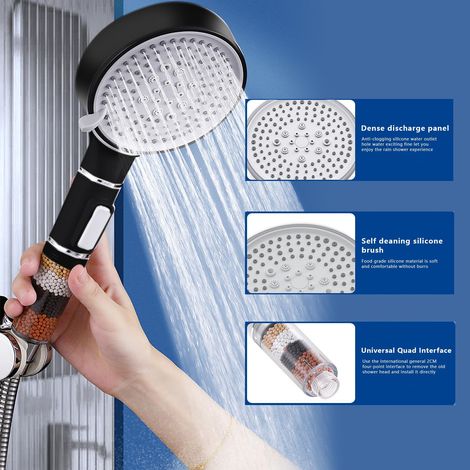 Soffione doccia ad alta pressione da 120 mm con tubo flessibile da 2 m e supporto, doccetta con 5 tipi di getto, risparmio idrico, filtrazione a 4 strati, potente per acqua dura, con (1/4)