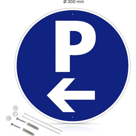 Parking flèche à gauche panneau de signalisation rond en pvc rigide prépercé avec kit de fixation complet - Diamètre 300 mm