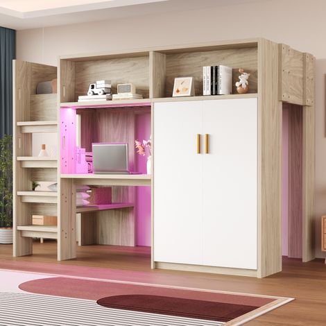 Letto a soppalco 90x200 con scrivania, armadio, ripiani e LED, legno naturale OKMYHOME (1/5)