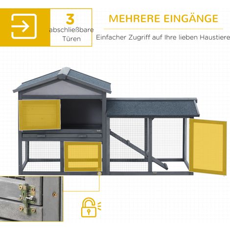 Clapier bois pour lapins nains, 147x54x84 cm, toiture bitume imperméable, enclos extérieur, rampe accès, portes sécurisées, gris anthracite. (1/4)