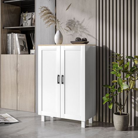 Credenza moderna con 2 ante, ripiano regolabile e base rialzata per soggiorno, cucina, sala da pranzo, 60x30x90 cm, bianca