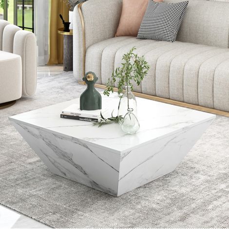 Mesa de centro trapezoidal con 2 cajones, 70 x 70 x 37 cm, MDF con acabado mármol blanco DESVIAE (1/5)