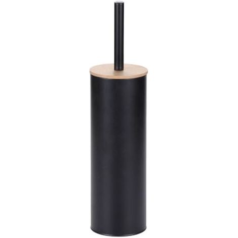 Brosse WC en métal avec couvercle en bambou – Noir – Élégante, 500 g, manche confortable, poils denses, couvercle en bambou pour une utilisation facile