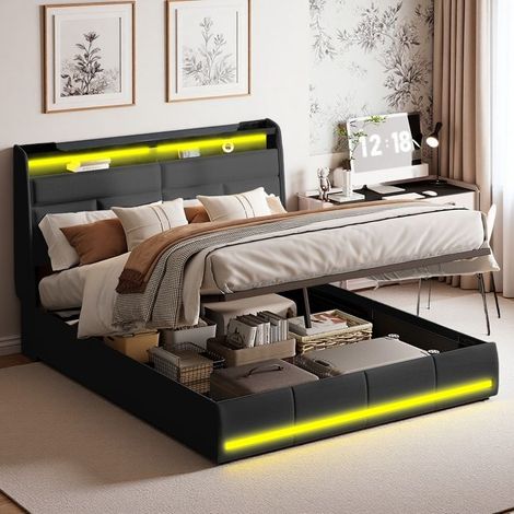 Lit Double 160x200 - Geräuscharmer Hydraulikschrank - Intelligente LED-Beleuchtung - Modernes Design Schwarz/Beleuchtet