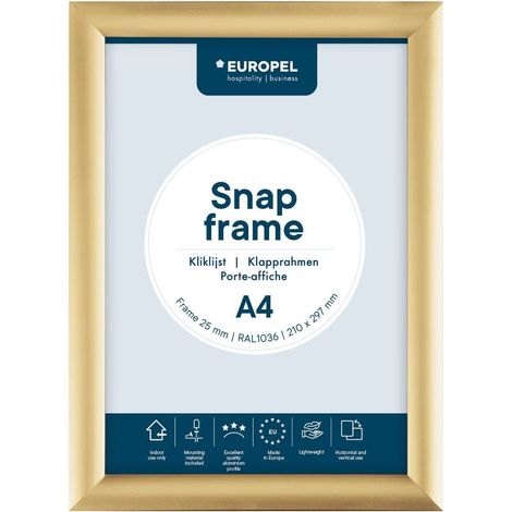 Cadre porte-affiche clipsable A4, profil 25x11 mm, couleur dorée, aluminium anodisé et protecteur anti-reflet, dimensions 210x297 mm, dos polystyrène gris (1/4)