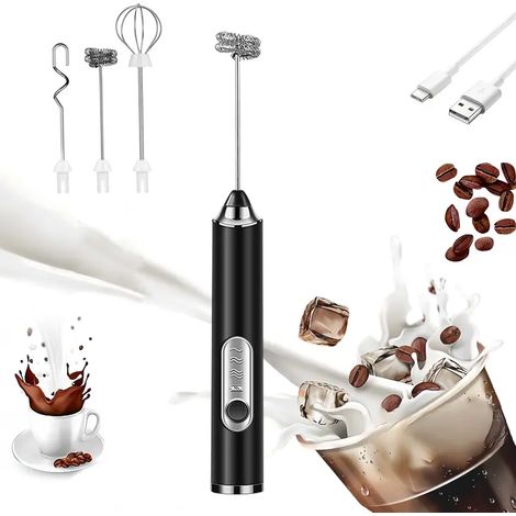 Wiederaufladbarer Milchaufschäumer, Handmilchaufschäumer mit 3 Aufsätzen und 3 Geschwindigkeitsstufen, Kaffeemixer, elektrischer Milchaufschäumer, abnehmbarer Edelstahl-Schneebesen für Latte, Cappucci (1/5)