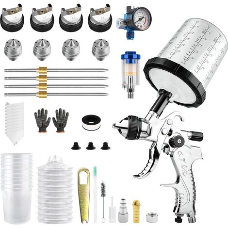 Pistolet à peinture avec 4 buses 1,4/1,7/2,0/2,5 mm et 10 gobelets jetables de 650 ml, pistolet à peinture à air comprimé, pour meubles, murs, clôtures, portes, bricolage (1/5)
